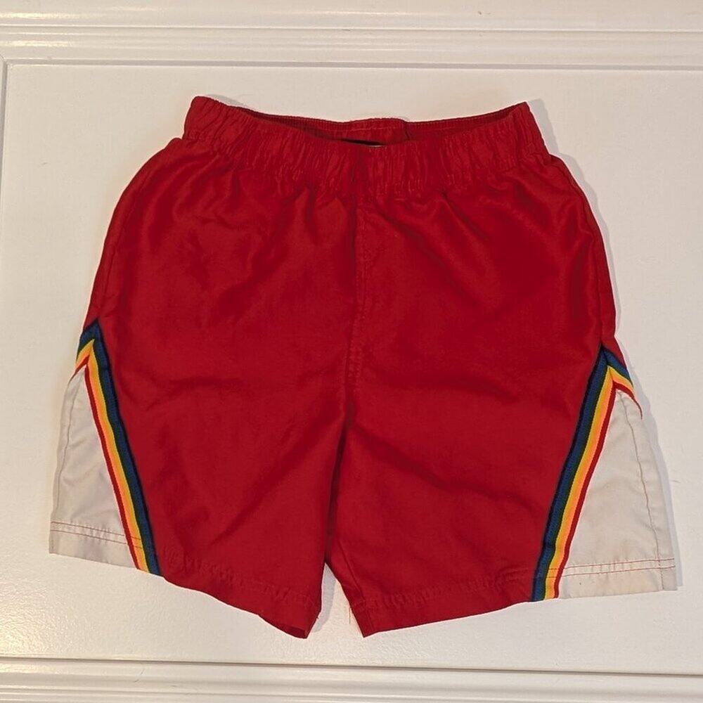 Laguna Swim Trunks Board Short Red Bright Rainbow Trim Vacation - Size M10/12